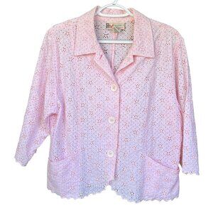 GW Jeans Womens Button Up Eyelet Top Size L Petite Pink Dainty Feminine Picnic